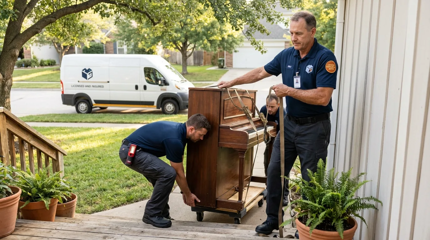 Licensed piano movers securing grand piano in Clarkston, GA