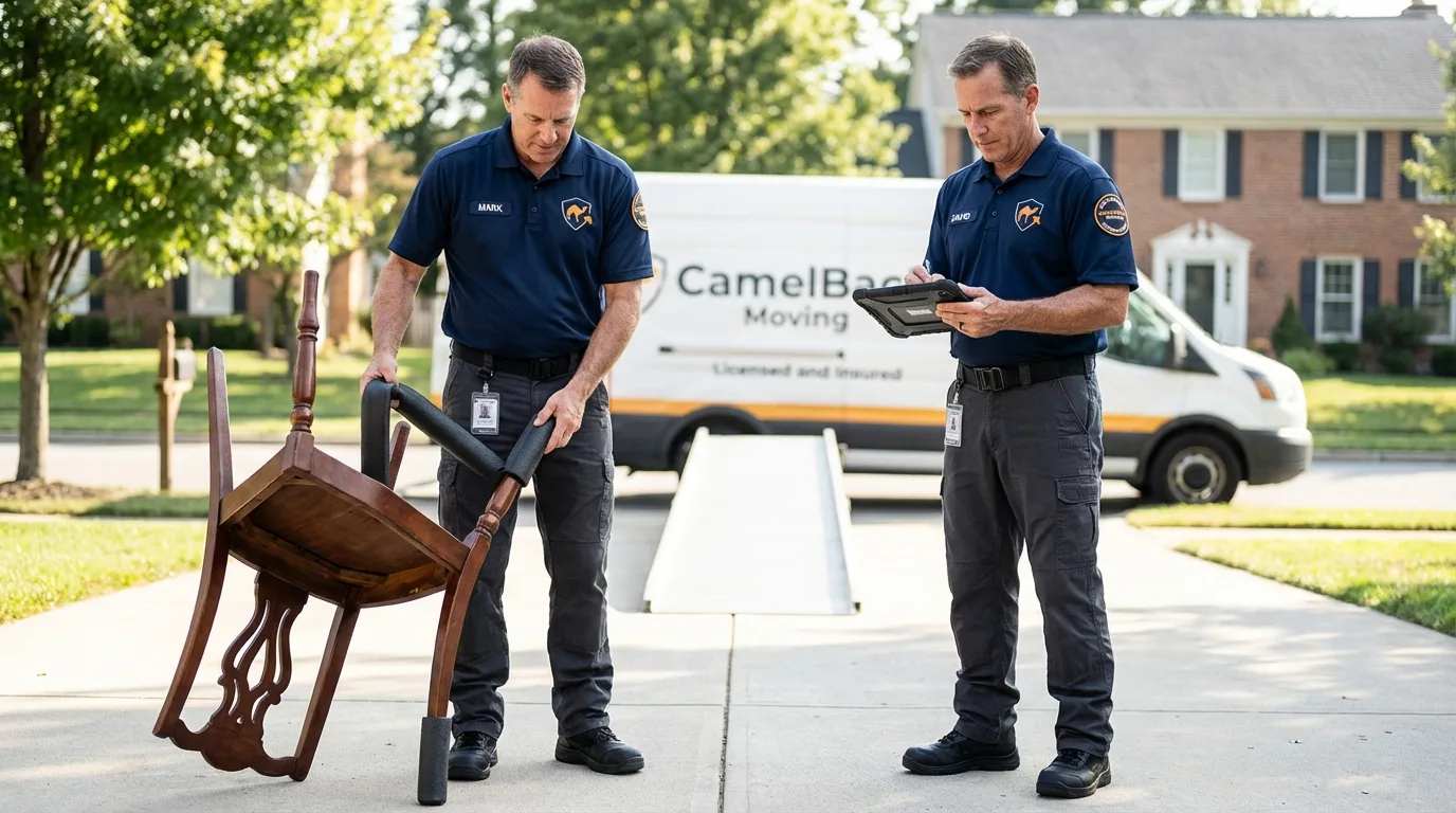 Movers inspecting furniture for damage prevention before loading in Clarkston, GA