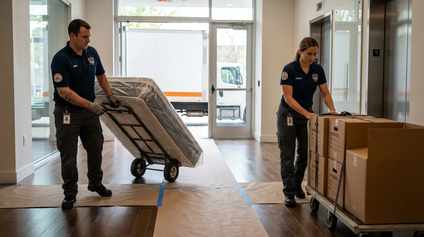 Professional apartment movers loading elevator in Clarkston, GA